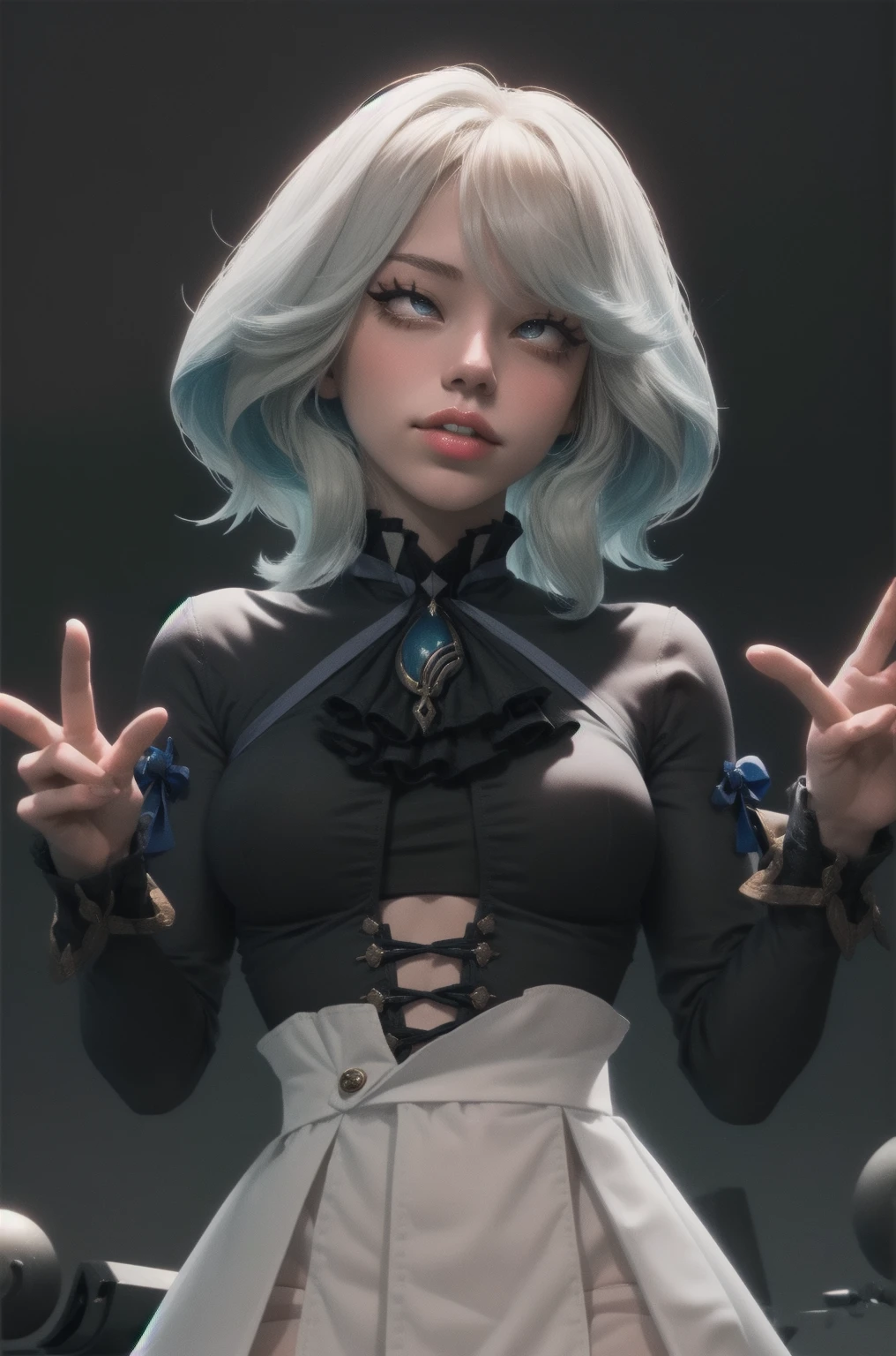 (full figure:1.1), (1 girl as Furina from Genshin Impact:1.5), highres, solo, big breasts, waist long blue and white hair, (pleated school miniskirt:1.5), (black knee socks:1.2), (loose red ribbon:1.2), (cotton skirt:1.5), (unbuttoned white shirt:1.4), (ahegao:1.5), green eyes, (rolling eyes:1.5), (torn clothes:1.5), naked breastss, spread legs, (squatting:1.1), legs wide open