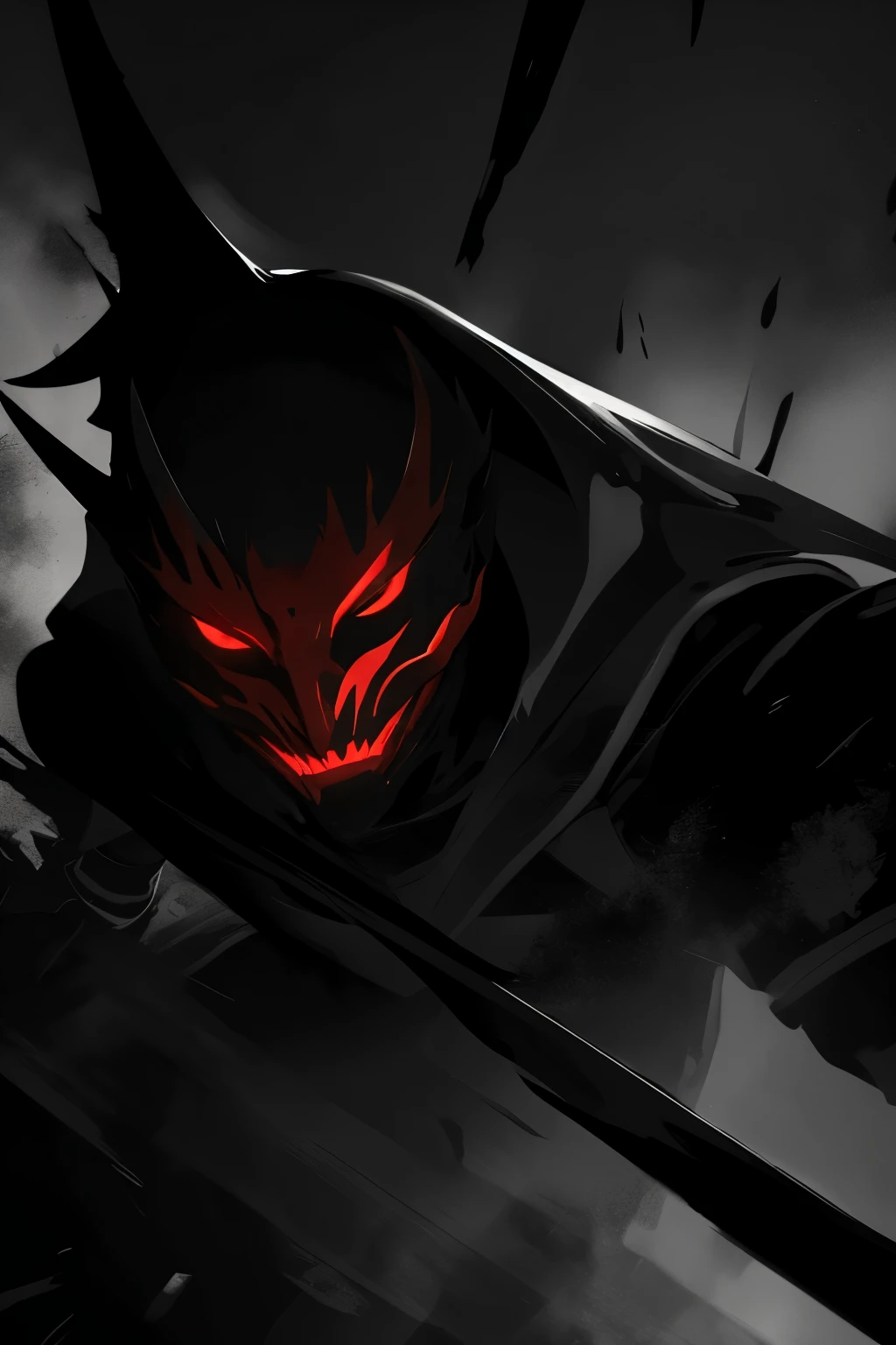 NEX Apex man, masked, red aura, murderous, mysterious and dark, with chaotic scenery