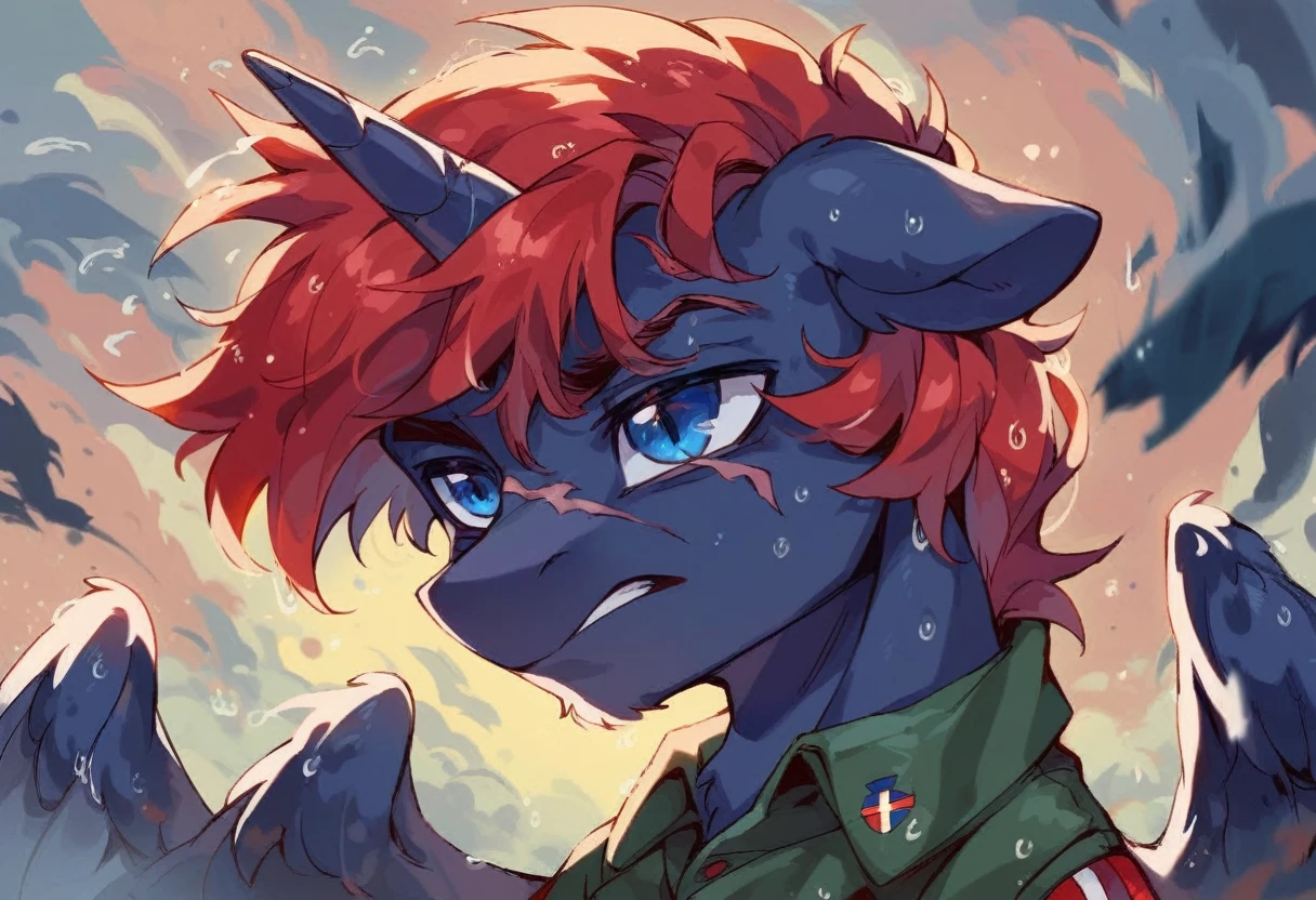 Male alicorn pony, black fur, long red hair, deep blue eyes, red feathers on wings, scar over left eye, red striping, vietnam-era helicopter pilot uniform, boonie hat, in a swamp, explosion in background, raining, wet hair, thousand-yard stare, close-up portrait