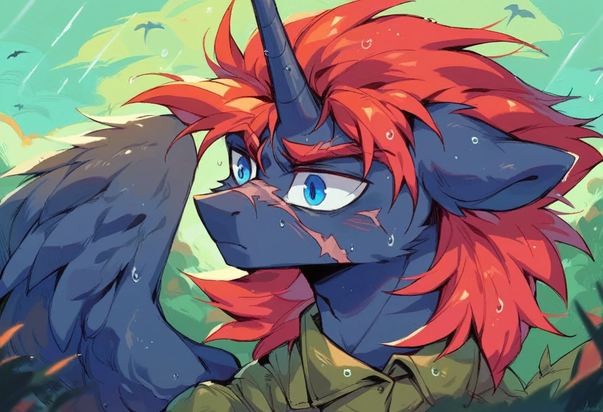 Male alicorn pony, black fur, long red hair, deep blue eyes, red feathers on wings, scar over left eye, red striping, vietnam-era helicopter pilot uniform, boonie hat, in a swamp, explosion in background, raining, wet hair, thousand-yard stare, close-up portrait 