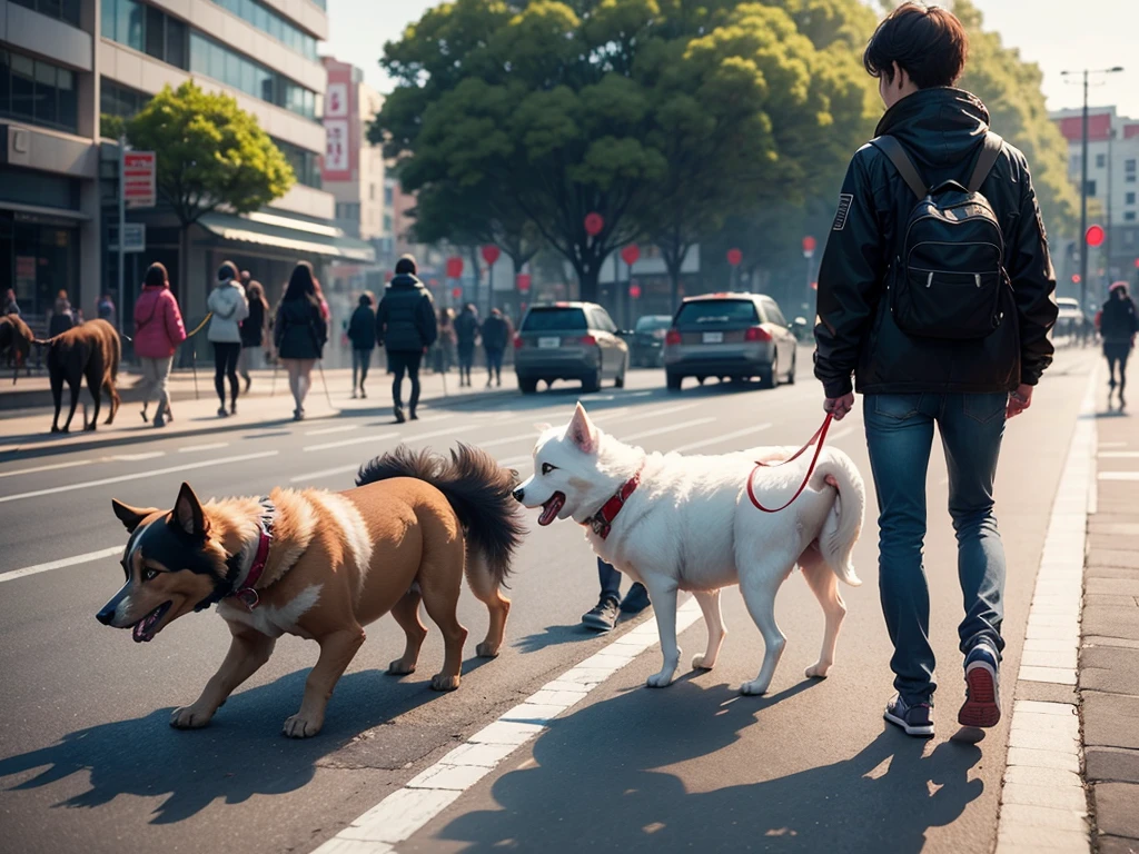 People walking dogs。People are on all fours