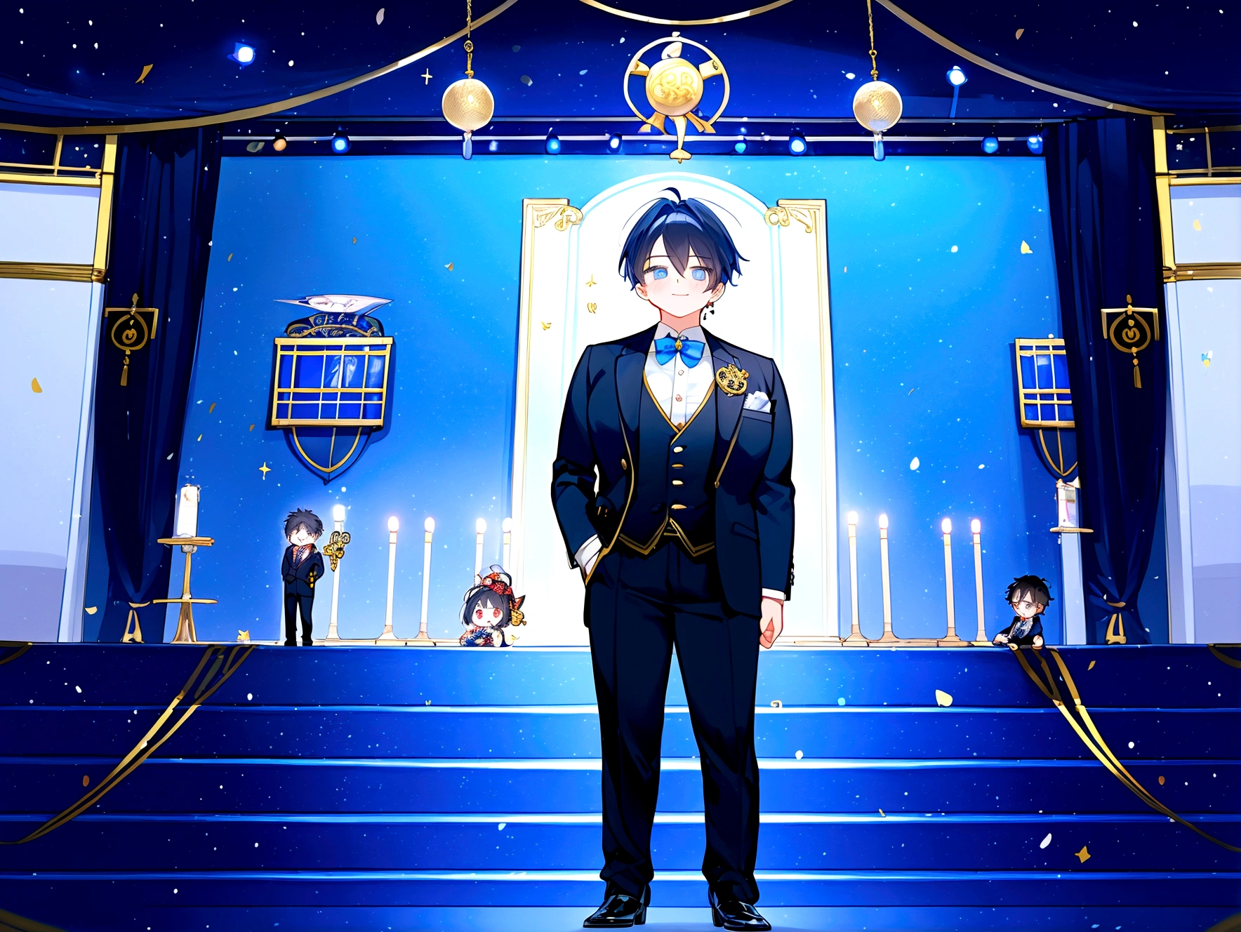 1boy, Anime figure in suit and tie standing in front of a stage, pretty anime pose, Big anime guy with blue eyes, Anime moe art style, in a strict suit, He's wearing a suit, Young Anime Man, inspired by Okumura Masanobu, inspired by Okumura Togyu, Anime handsome man, handsome guy in demon slayer art, Treble clef as earring, concert hall background, chibi, cute