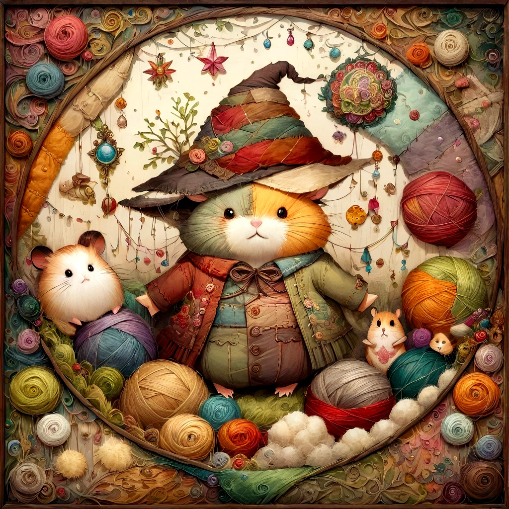 handicraft artwork,patchwork,Wool felt,cloth,yarn,button,felt fabric,Embroidery thread,Handicrafts with a warm and gentle atmosphere,hamster bard,A dream-like sight,rustic colors,intricate details,artwork,Three-dimensional