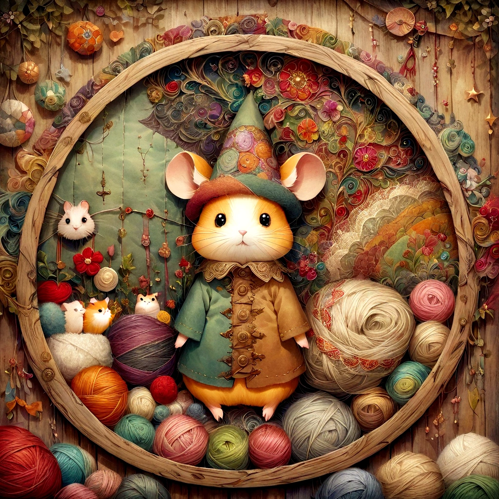 handicraft artwork,patchwork,Wool felt,cloth,yarn,button,felt fabric,Embroidery thread,Handicrafts with a warm and gentle atmosphere,hamster bard,A dream-like sight,rustic colors,intricate details,artwork,Three-dimensional