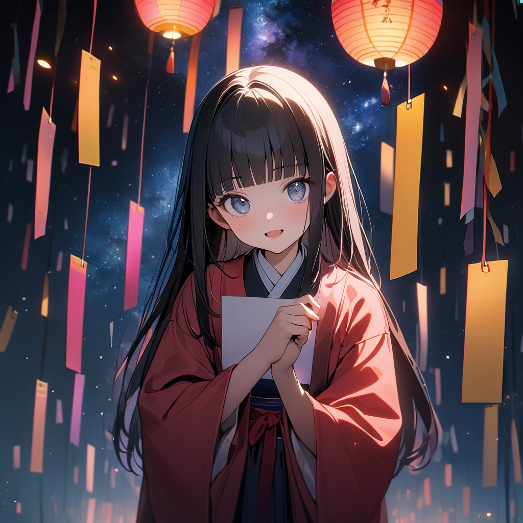 (8K, best quality, master piece: 1.2), super high resolution,1 girl,solo,,ultra-detailed face,detailed eyes,black hair,blunt bangs,Straight hair,Long hair,light smile, open mouth,Hanfu,The girl holding Tanabataof wish paper with the number "777" written on it,Tanabata Festival, Milky Way, night view, rim light,large tall bamboos and colorful hanging decoration