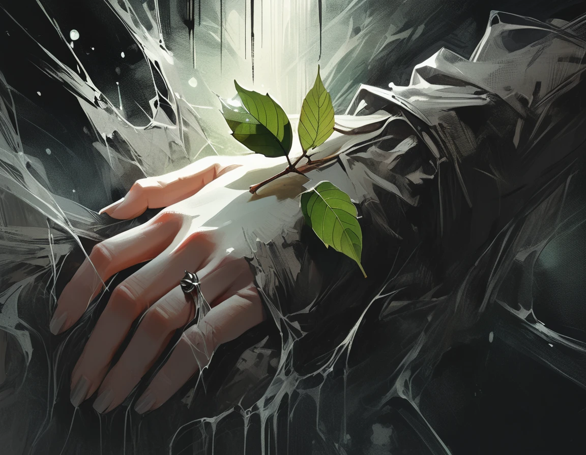 girl hand with perfect skin, old dead doom, branch with one green leaf and one acorn close-up,  graphic style of novel comics,dark novel style, comic, 2d, 8k, hyperrealism, masterpiece, high resolution, best quality, ultra-detailed, super realistic, Hyperrealistic art, high-quality, ultra high res, highest detailed, lot of details, Extremely high-resolution details, incredibly lifelike, colourful, soft cinematic light,