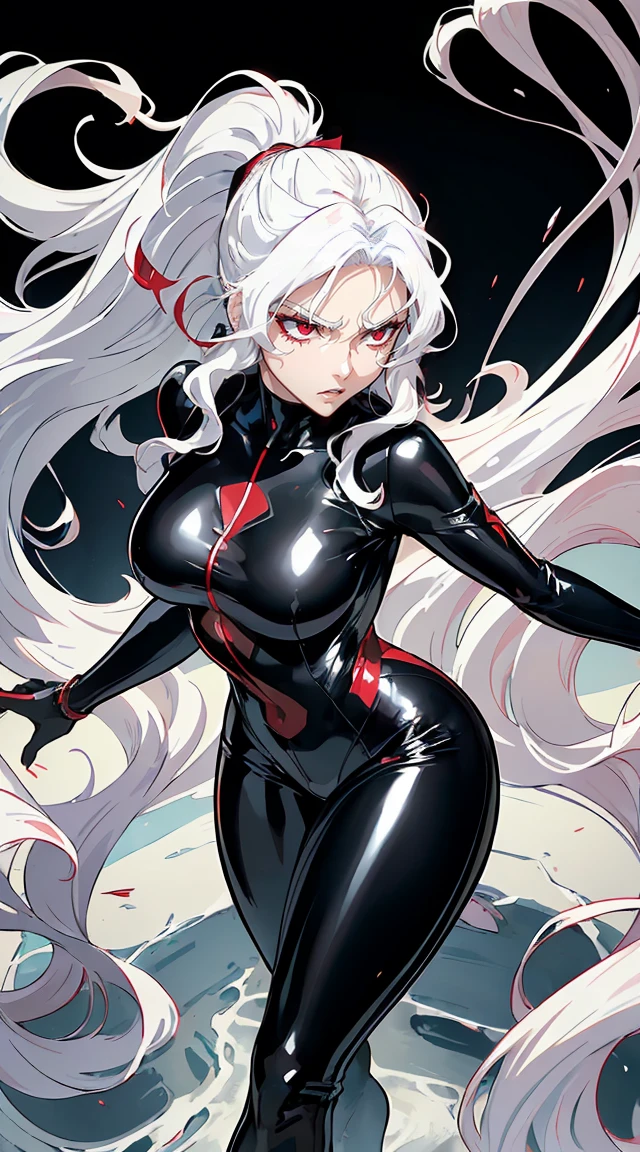 (masterpiece, best quality), absurdes, woman, white hair, sunglasses, white thighhighs, red background,   <lora:GoodHands-beta2:1>