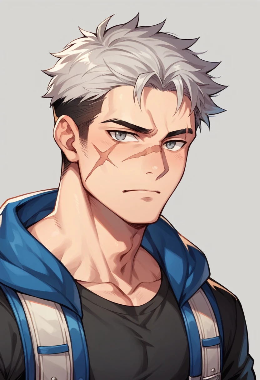 adolescent, Youngh, naughty man, estilo アニメ, アニメ, short black horse, fighter, blue backpack, gray eyes and scar on the cheek