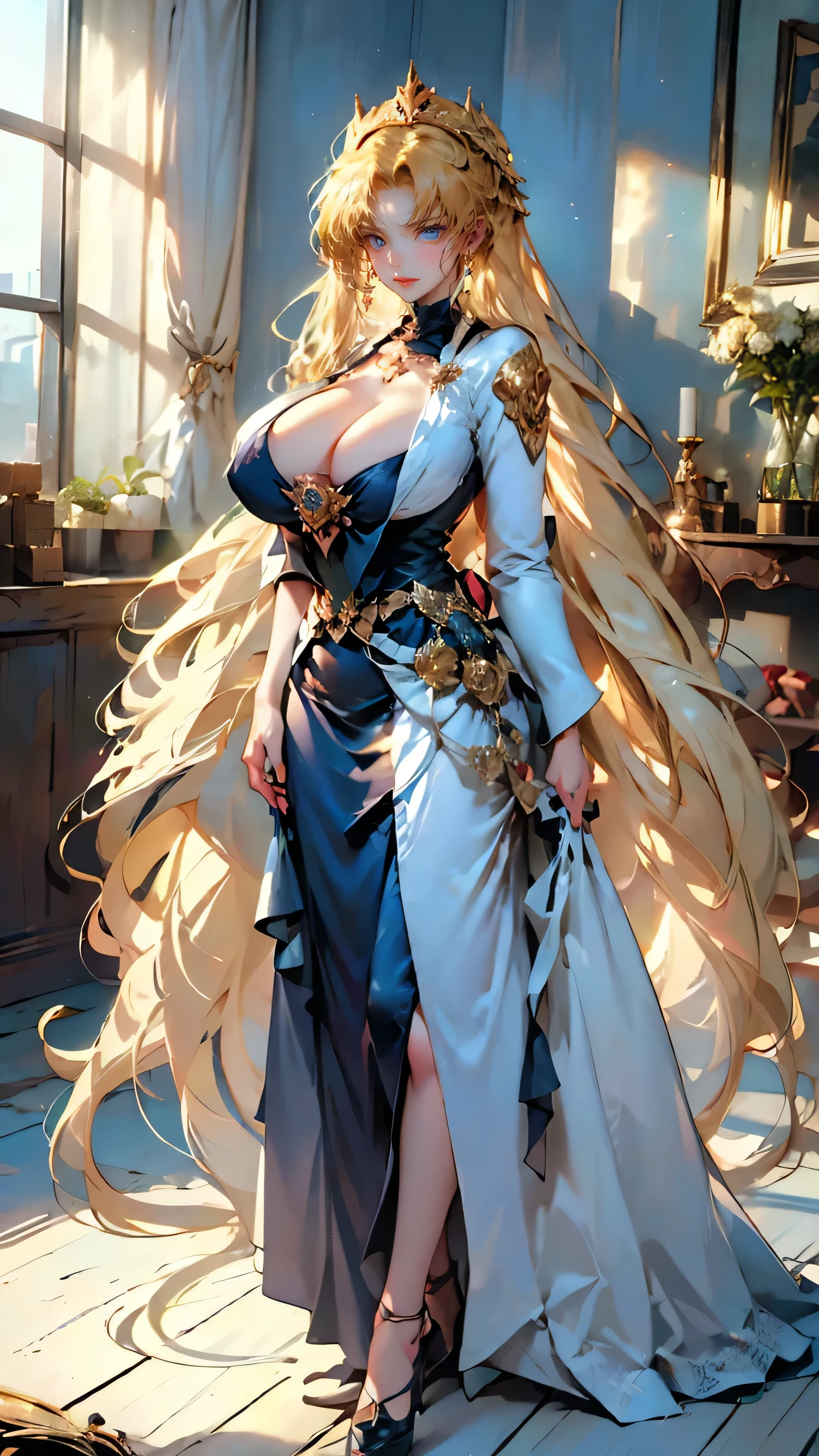 Best quality, masterpiece, ultra high res, raw photo, beautiful and aesthetic,deep shadow, dark theme,(ultra detailed:1.3),
1girl, dynamic pose, Headdress, (beautiful face, detailed eye:1.2), embarrassed, (busty breasts, gigantic breasts:1.1), drill hair, long hair, blonde hair, gradient hair, yellow eyes, solo, big hair, blue hair, divine goddess, looking at viewer, indoors, royal palace, medieval bedroom, astraea, full body, (meishaonv:1.3), gun