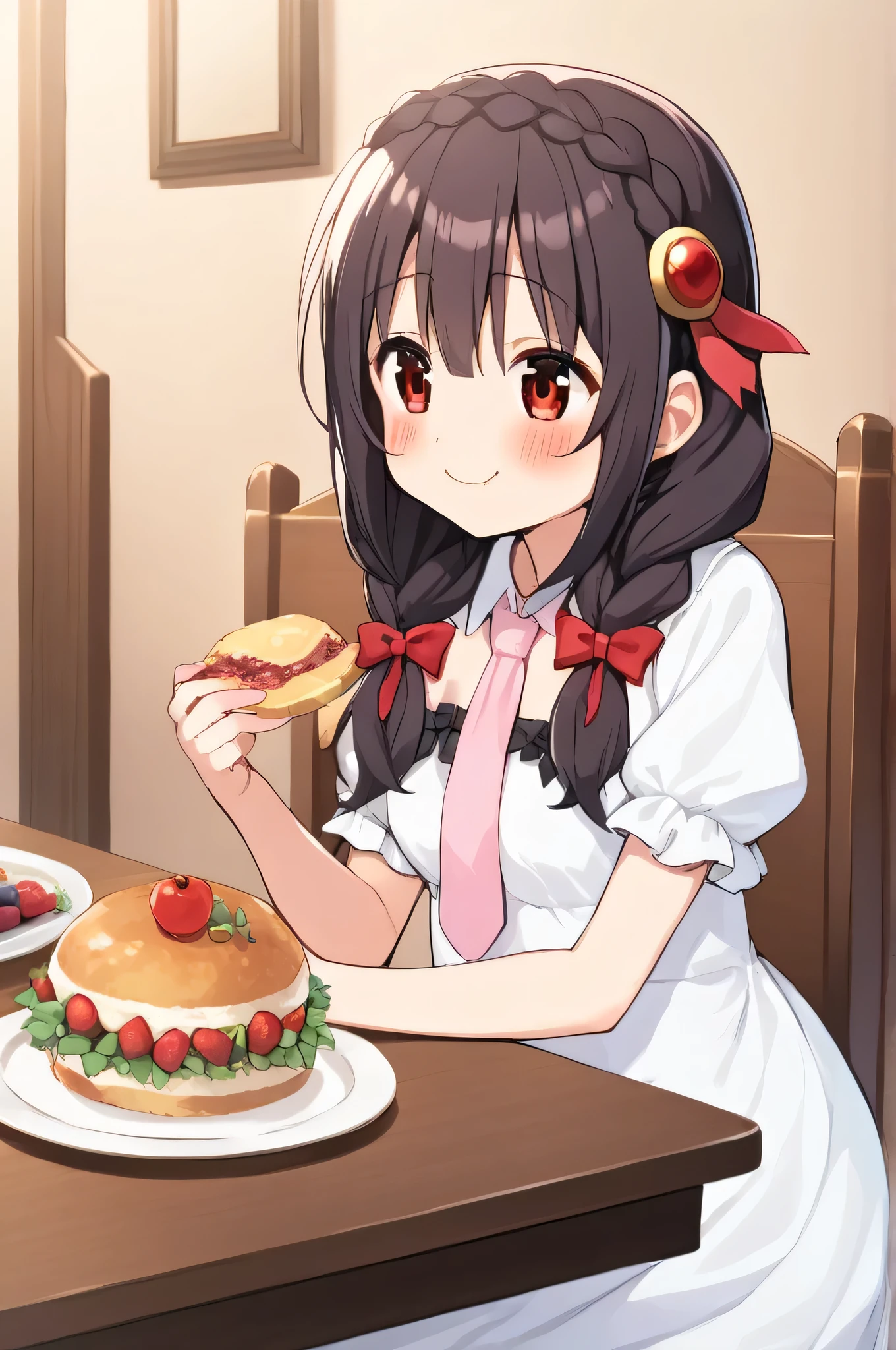 alone, One girl、Crown braids in the same color as your hair, hair ornaments, Hair Ribbon, Pink tie, (White dress)、Red Eyes、Black Hair、(blush:1.2)、Eating delicious food in the dining room、Sitting、smile