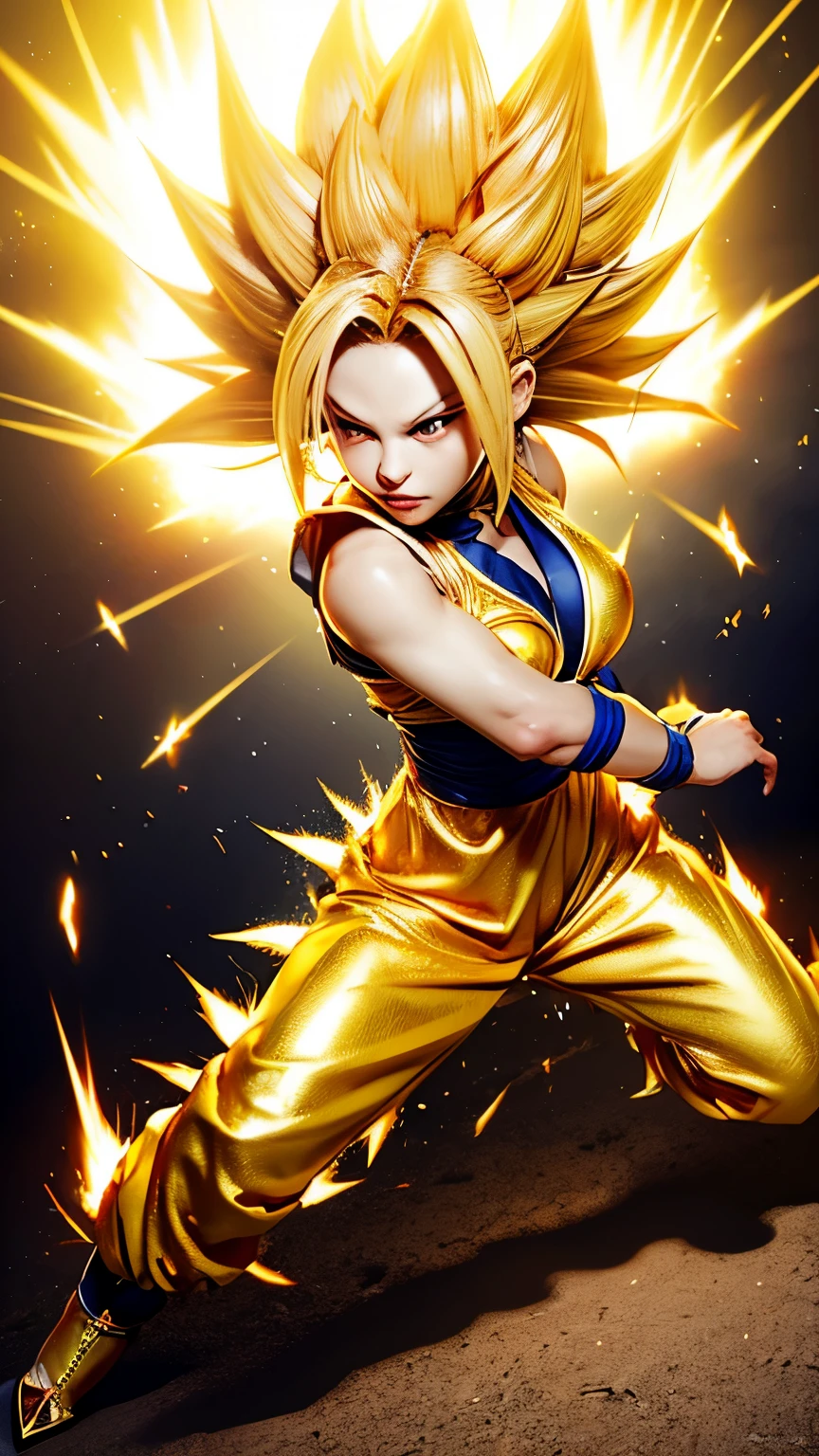 Super Saiyan Girl、masterpiece、high quality、High resolution、Realistic、Japanese、woman、cute、young、White skin、Blonde、Spiky Hair、athletic、(((There is a golden aura)))、Son Goku's costume、torn clothes、filthy、fighting stance、whole body、Anatomically correct、wasteland