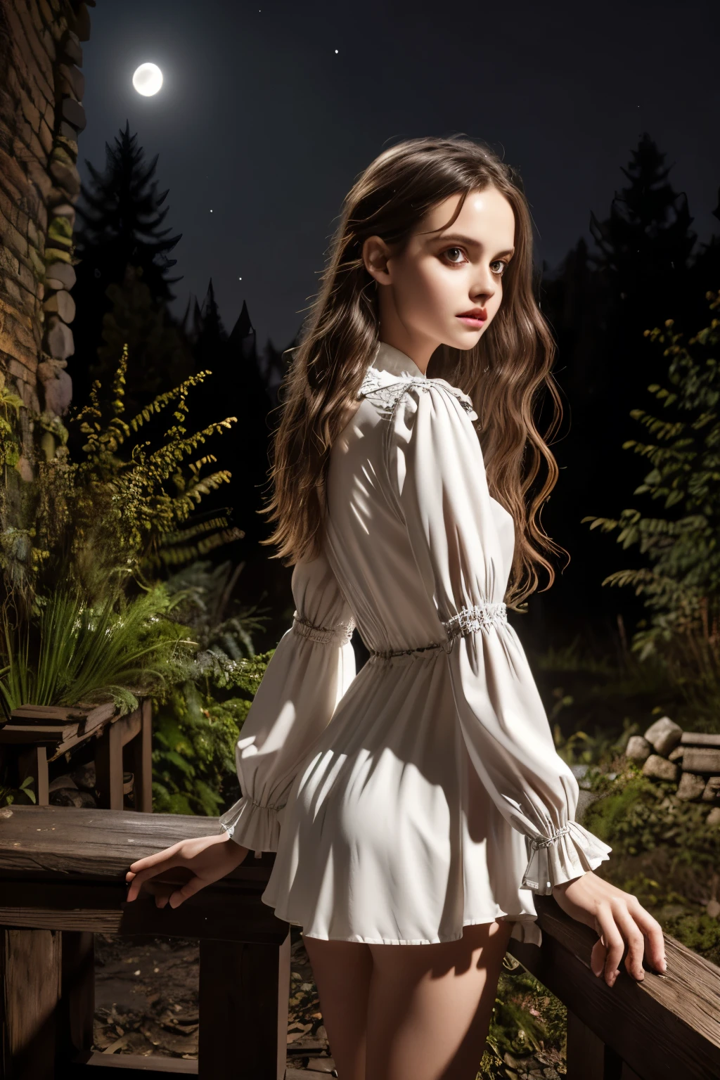 (Super detailed,ultra high resolution,detailed background)),ancient city,dark forest at night,spooky,Chill,Inspiration,1 girl,wearing a minidress、Wearing a white collared long-sleeved blouse、