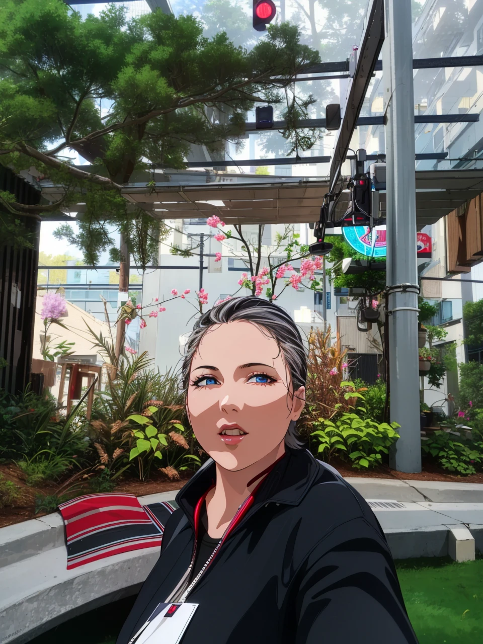 (best quality:1.5, highres, UHD, 4K, detailed lighting, shaders), black hair, short hair, sleek bob hair, cool woman, cool girl, sharp eyes, blue eyes, beautiful, (pov, close shot), simple background, casual clothes, with headphones