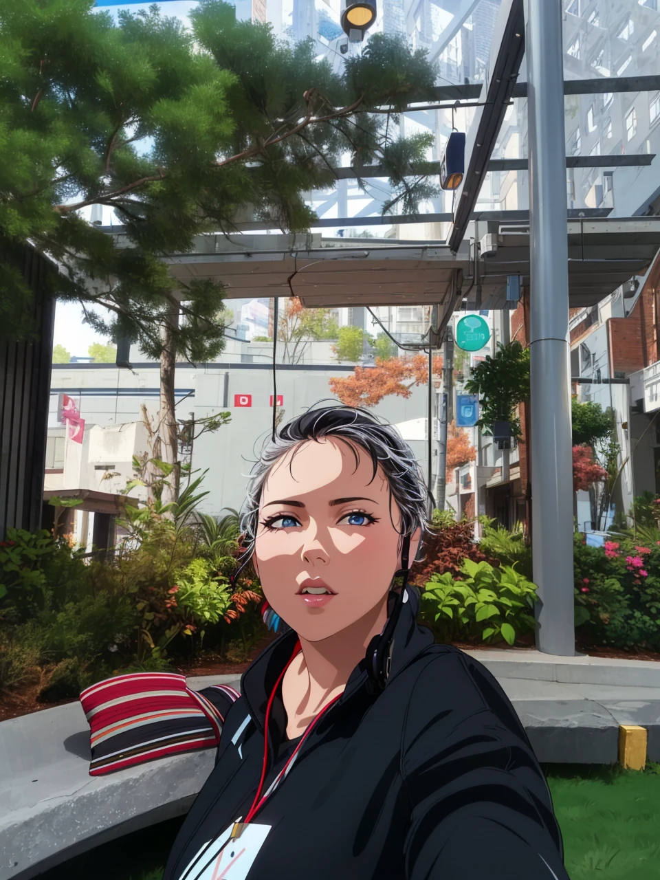 (best quality:1.5, highres, UHD, 4K, detailed lighting, shaders), black hair, short hair, sleek bob hair, cool woman, cool girl, sharp eyes, blue eyes, beautiful, (pov, close shot), simple background, casual clothes, with headphones