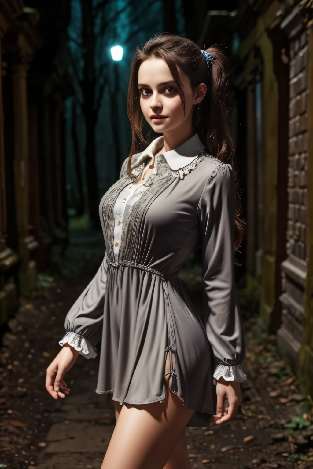 (Super detailed,ultra high resolution,detailed background)),ancient city,dark forest at night,spooky,Chill,Inspiration,1 girl,wearing a minidress、Wearing a white collared long-sleeved blouse、