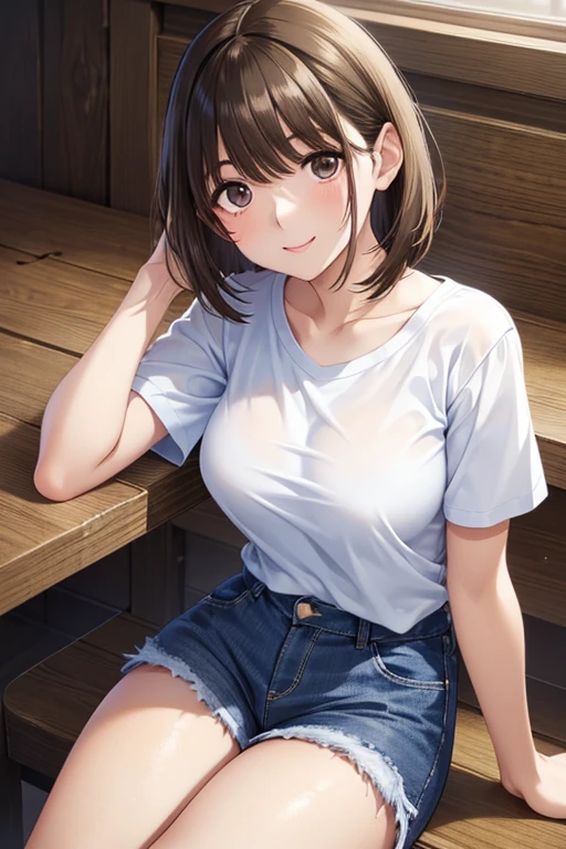 Browsing Caution、White T-shirt、Denim hot pants、Scratch the hu and sit down、anegasaki nene、Shiny brown hair, short hair, (Beautiful brown eyes)、smile、Sparkling eyes, (Fine grain)、Ultra-detailed eyes、Highly detailed face, Highly detailed eyes,Cowboy Shot、