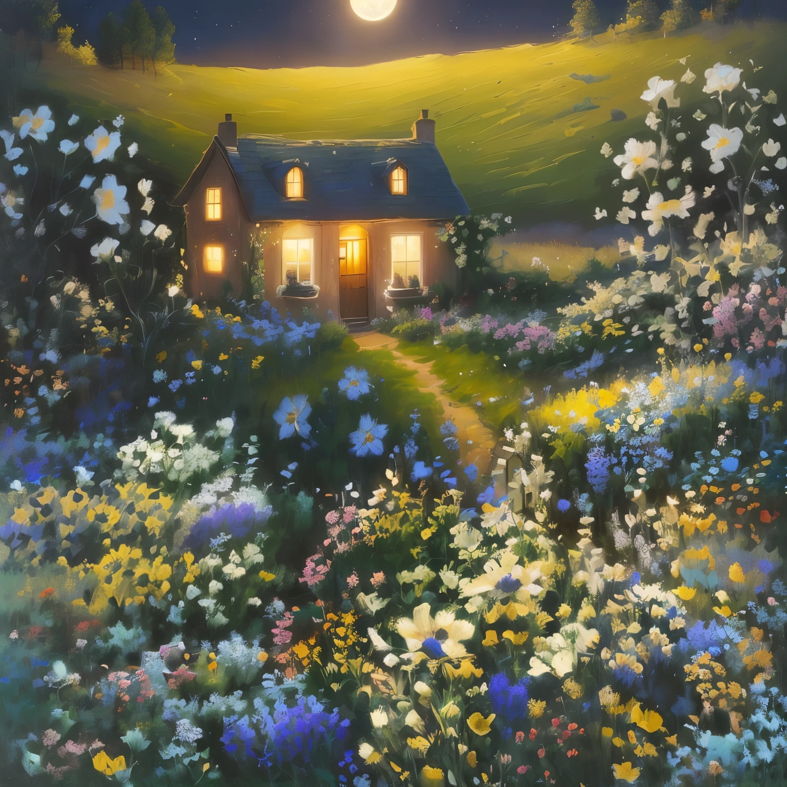 painting of a house in a field of flowers with a full moon, moonlight shining on wildflowers, flowery cottage, idyllic cottage, by Penny Patricia Poppycock, cottagecore!!, by Elaine Hamilton, by Mary McEvoy, cottagecore, gorgeous painting, by Mary Byfield, by Joan Brown, cosy enchanted scene, little cottage