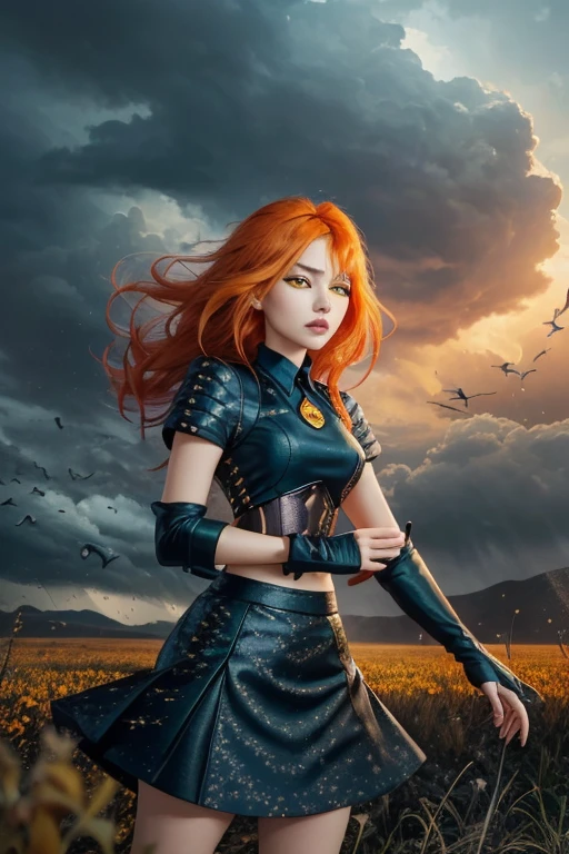 1 girl, Alone, ((lamentable)),Dark flowering, Orange hair, yellow eyes, Boots, black skirt, gloves, black shirt, Alas, bright clothes, Masterpiece, Best Quality, tweak_pretty eyes:0.8 with a storm in the background, flock of migratory birds passing by, combine