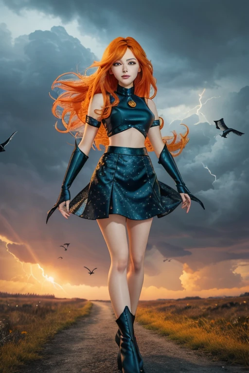 1 girl, Alone, ((lamentable)),Dark flowering, Orange hair, yellow eyes, Boots, black skirt, gloves, black shirt, Alas, bright clothes, Masterpiece, Best Quality, tweak_pretty eyes:0.8 with a storm in the background, flock of migratory birds passing by, combine