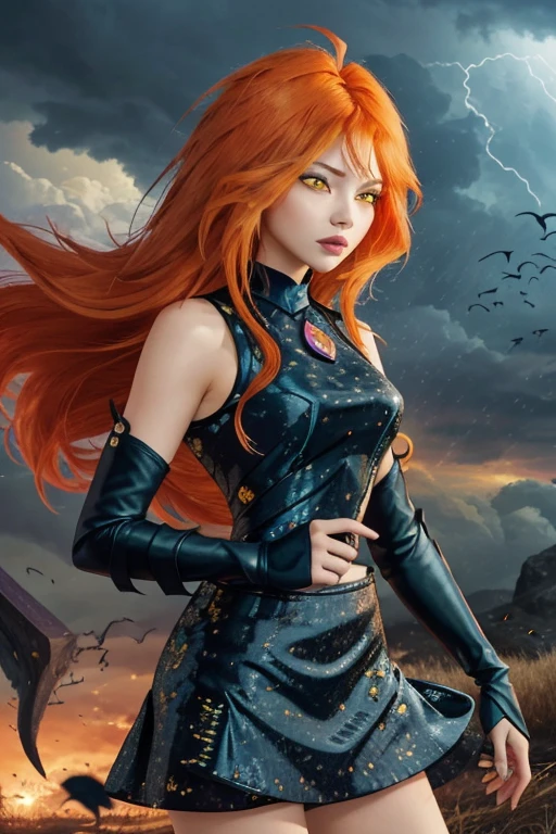 1 girl, Alone, ((lamentable)),Dark flowering, Orange hair, yellow eyes, Boots, black skirt, gloves, black shirt, Alas, bright clothes, Masterpiece, Best Quality, tweak_pretty eyes:0.8 with a storm in the background, flock of migratory birds passing by, combine