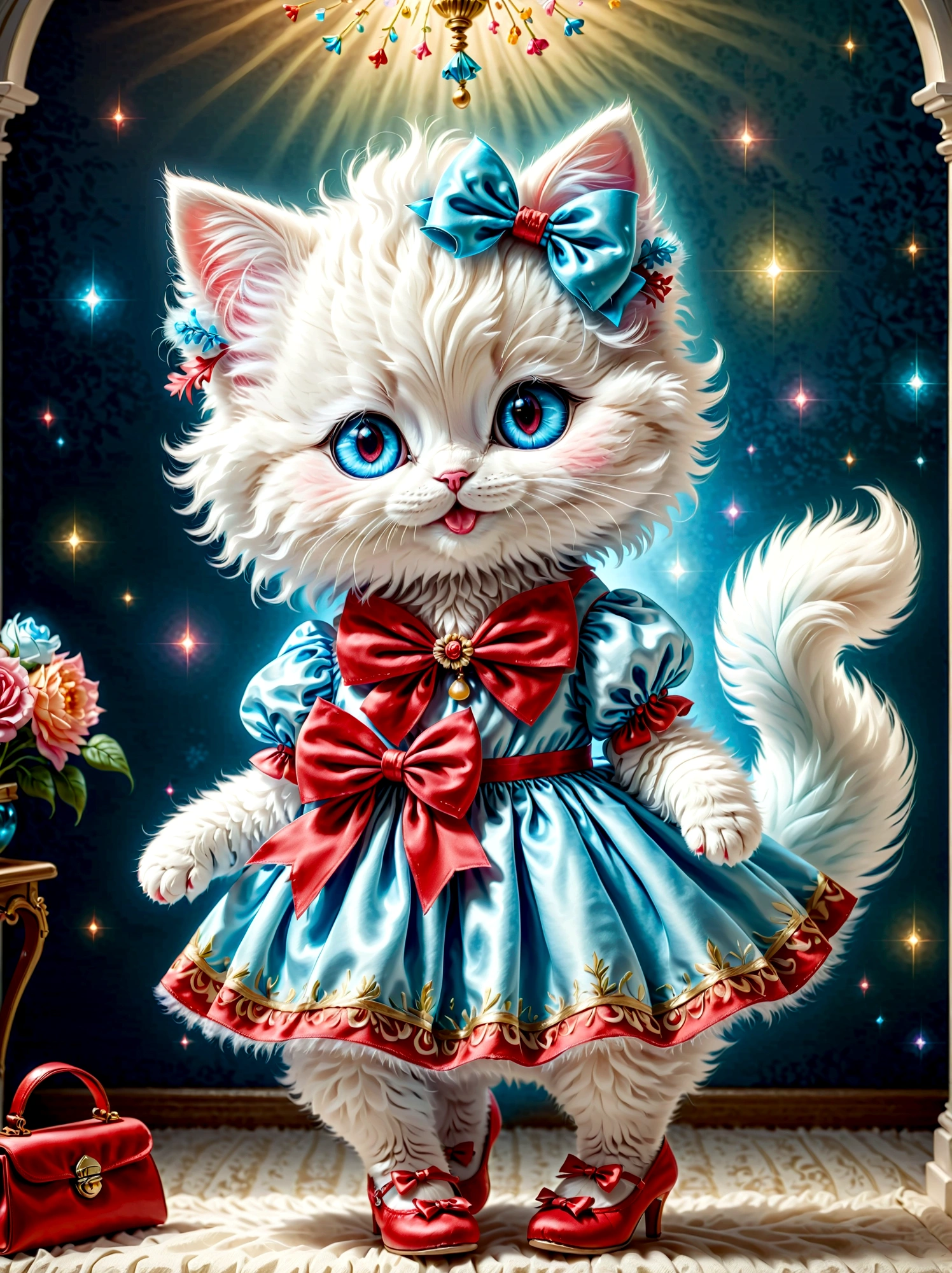 A white, fluffy, like velvet kitten, standing on its hind legs in a colored dress and red shoes, on its head a bow to match the dress, a handbag, smiling, blue doll eyes, 4k