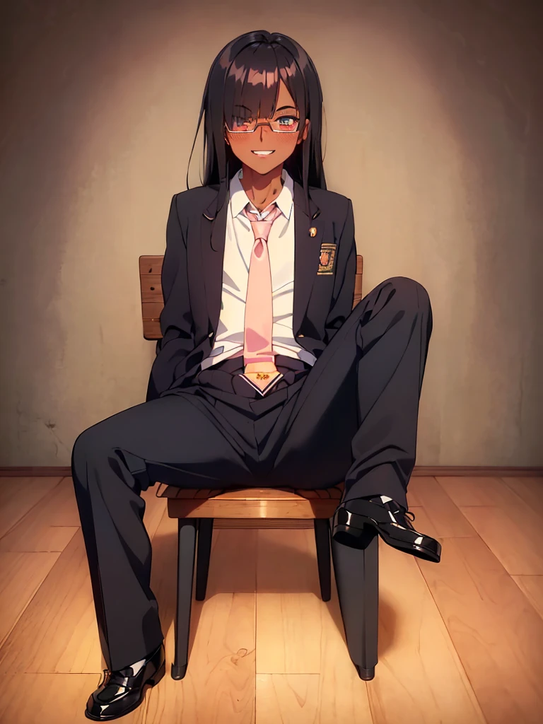 (1 feminine boy solo),(dark skin:1.5),(masterpiece:1.2), highest quality, High resolution, unity 8k wallpaper, (fine and beautiful eyes:1.6), highly detailed face, perfect lighting, Detailed CG, (perfect hands, perfect anatomy),20 years old, (black hair:1.3), detailed eyes, best quality, extremely detailed, very precise detailed, (glasses:1.4),  (open mouth:1.2), (straight hair:1.5), (evil smile:1.4) ,long sidelocks, (blush:1.3),(sit on desk:1.3),(Put left knee in front:1.5),(boy's school uniform long pant:1.5),(loosen necktie:1.2),spread legs,bend knee,(open shirt:1.3),hair over one eye