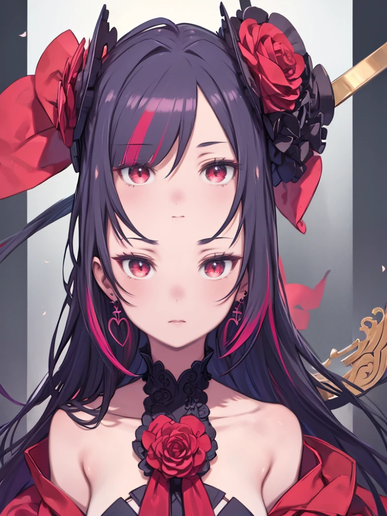 (masterpiece, Highest quality), One girl, Effie, Multicolored Hair, Red eyes, Earrings, Two-tone hair