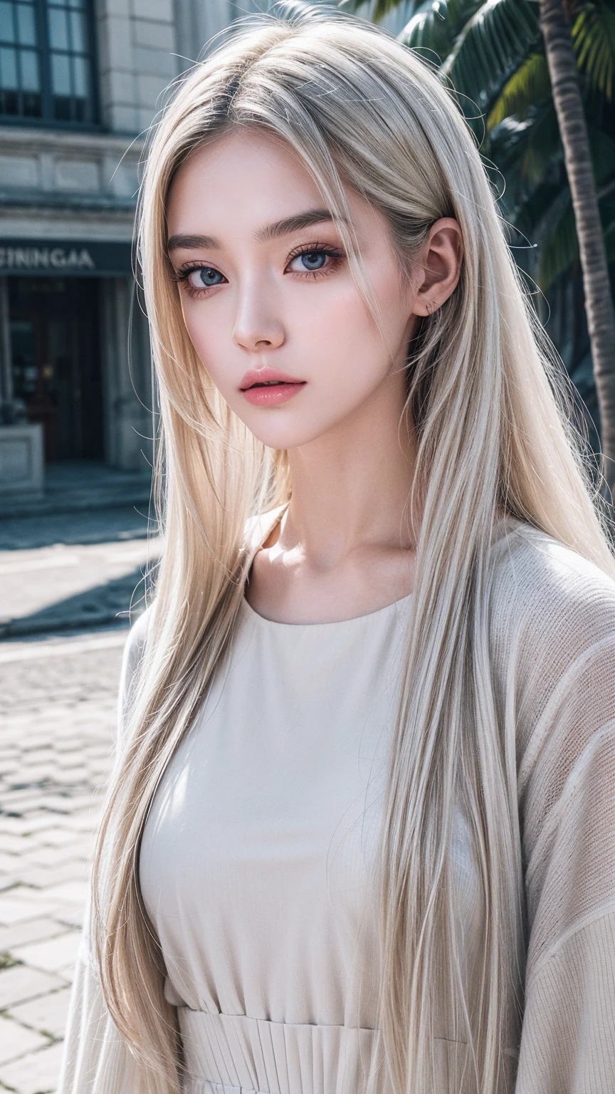 masterpiece, best quality, (Solitary focus), (Perfect face:1.1), (High Detail:1.1), (Extremely detailed eyes), dramatic, 1 person, (Pale skin), Long white hair, Ethereal eyes, (light eyebrows), Solitary, Long hair, Thiago Azevedo, moon, night, White luxury suit, Pursed lips, fur, A proud expression,beach, Detailed background, artgerm, light, Rose, Fashion, Balenciaga style