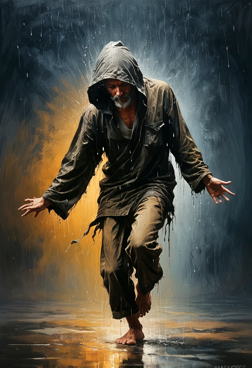Soul Dancer Mark,A homeless man dancing alone in the rain，Barefoot，Loose and worn clothes，Professional Action，Very contagious，Splash，Light and Shadow，Minimalism，artistic conception，Clean background