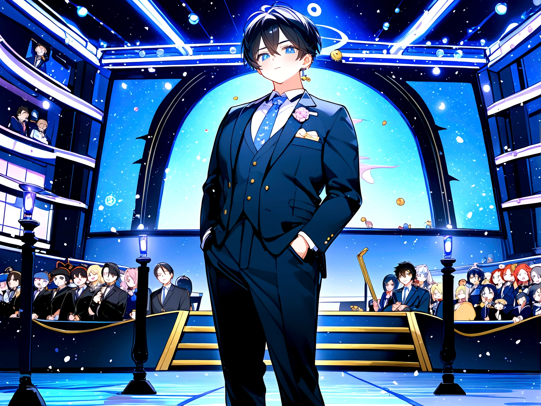 1boy, Anime figure in suit and tie standing in front of a stage, pretty anime pose, Big anime guy with blue eyes, Anime moe art style, in a strict suit, He's wearing a suit, Young Anime Man, inspired by Okumura Masanobu, inspired by Okumura Togyu, Anime handsome man, handsome guy in demon slayer art, Treble clef as earring, concert hall background, chibi, cute