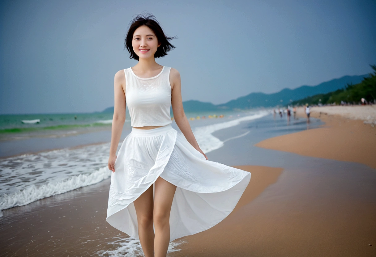 sunset on the beach,바다에 잔광이 비치네sunset on the beach 붉은 태양,A strong lingering scent is reflected in the sea., Beautiful 46-year-old short Korean woman, Chest size 34 inches, Wear sleeveless, white light skirt. beautiful pretty woman look , wearing a light skirt , Go far into the sea water and dip your toes., Short medium hair blowing in the wind, 1 short woman, beautiful eyes, a little smile, Full-body photo taken from afar with a wide-angle lens, The background is clean and perfect., waves moved by the wind, best high definition