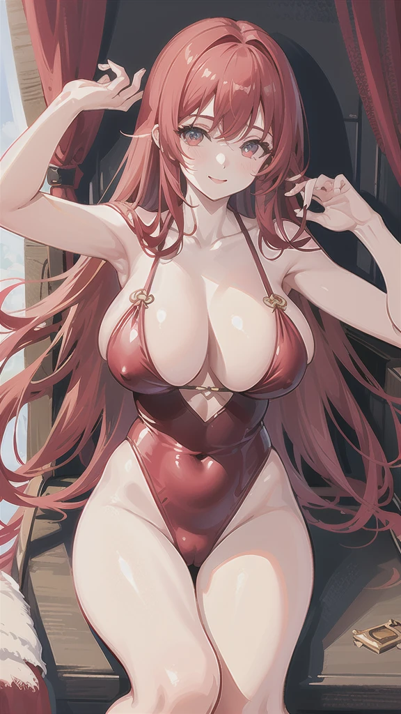 
Highest quality, shape, Very detailed, In detail, High resolution, 8k wallpaper, Perfect dynamic composition, Beautiful details, Center of chest, Natural color lip, Random sexy poses,smile,20-year-old girl,Huge ,A woman with long straight red hair wearing a frilly one-piece swimsuit