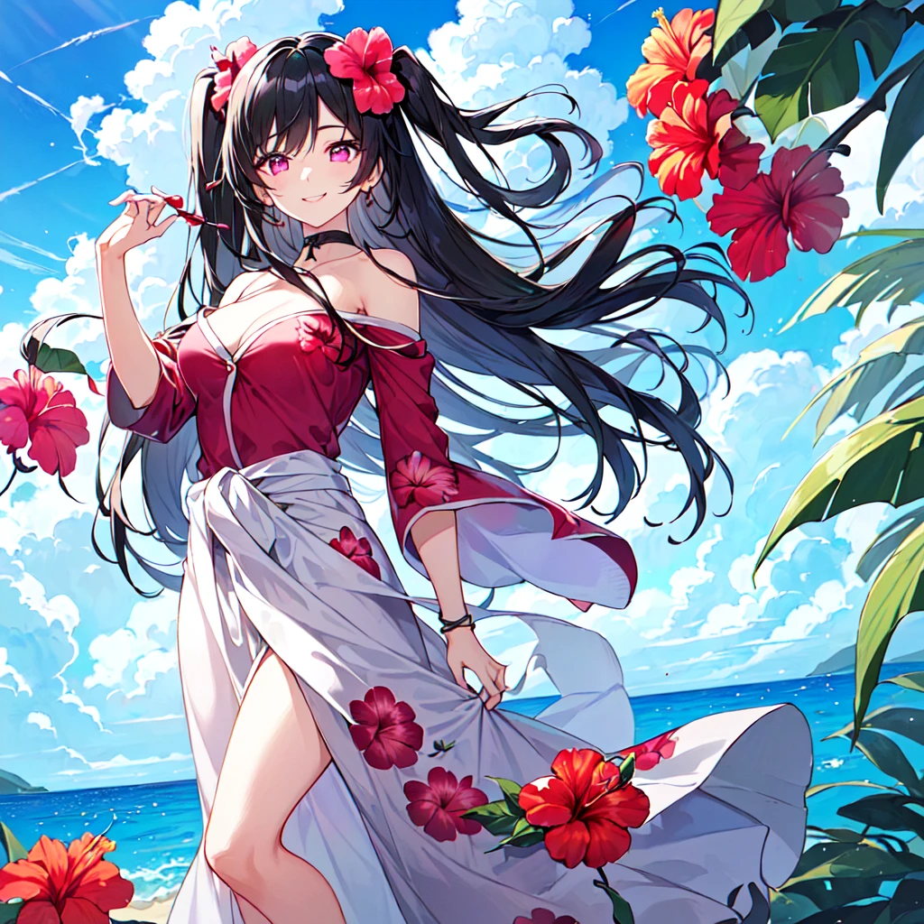 masterpiece, best quality, high quality, extremely detailed, very delicate and beautiful, (1 female 18 years old solo:1.5), (long black hair up to waist with two side up:1.5), bangs to eyebrows, eyes (eyes sharp and strong with glossy glossy eyes, eyebrows glossy, (eye color magenta:1.3), 6.5 head height, (long dress with hibiscus print:1.3), (standing), (smiling), (dynamic pose), (background tropical and hibiscus:1.3), (blue sky:1.3)