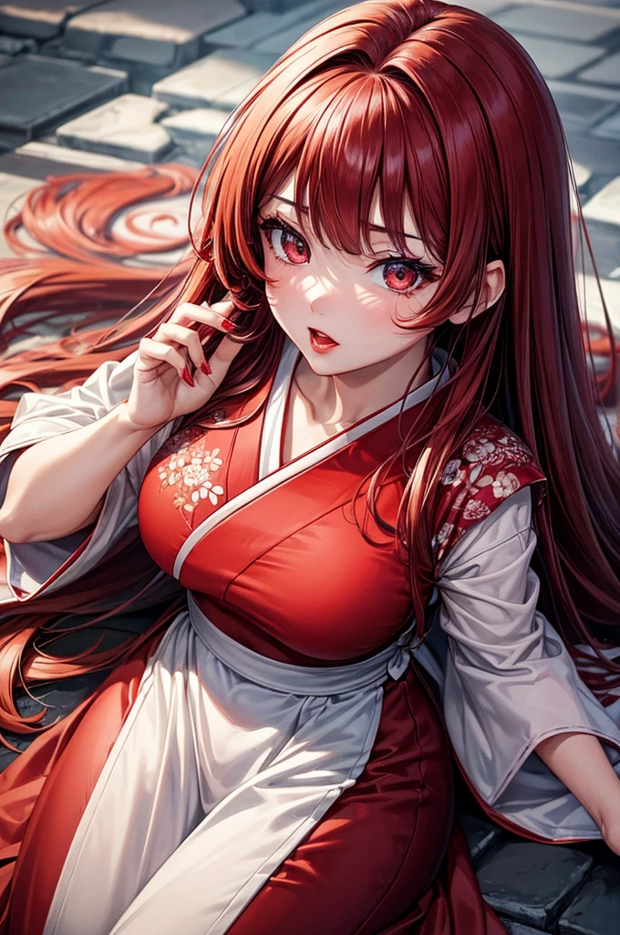 (masterpiece),(best quality:1.0), (Ultra-high definition:1.0), Detailed description, 8K, Japanese cartoon, 1 girl, beautiful Japanese cartoon girl, Wearing a red dress, corolla, Nice face, Detailed face, beautiful eyes, delicate eyes, Crimson eyes, Bright red lips, Red lipstick, beautiful stylish hair, highlights in hair, bangs Japanese cartoon style, best quality, energetic