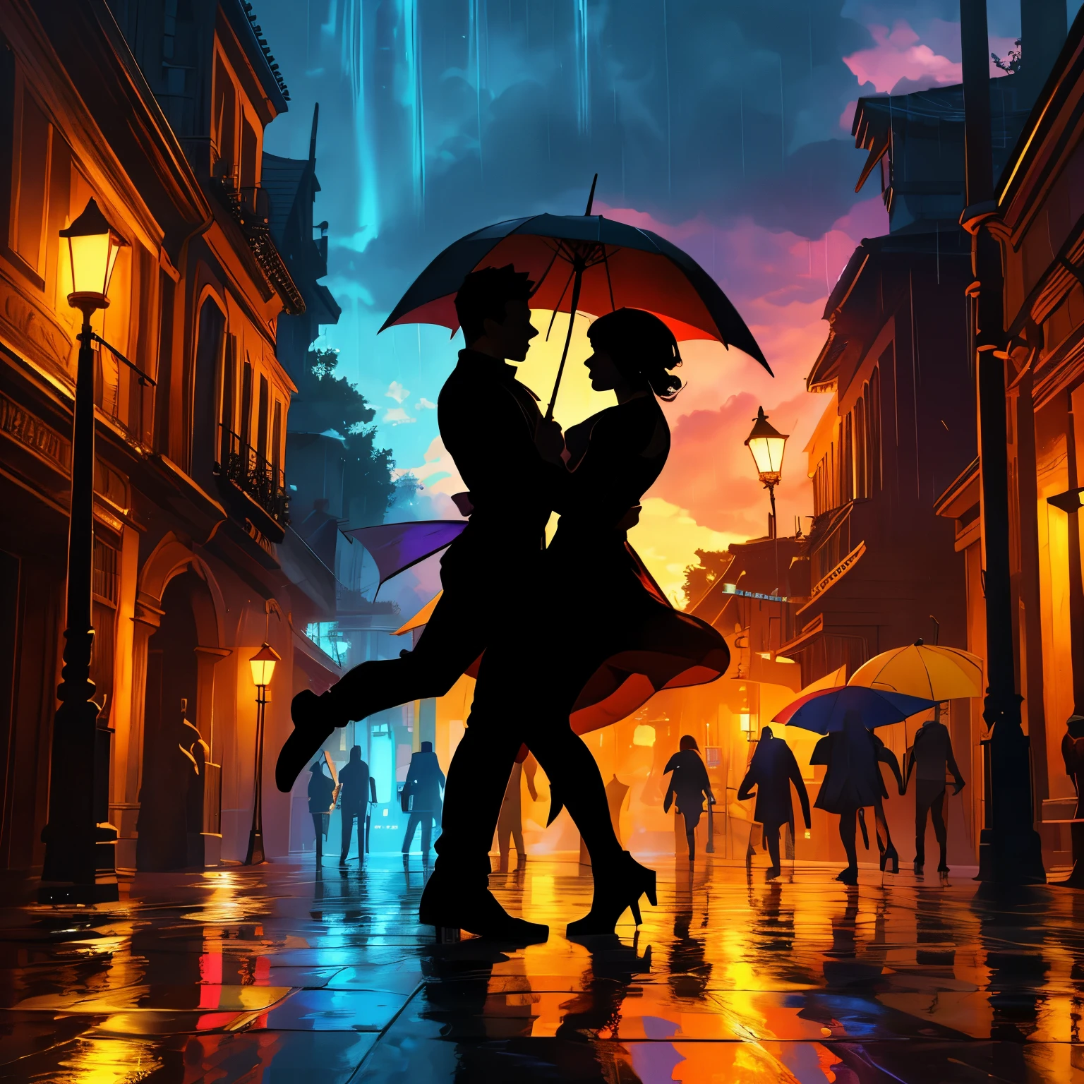 (best quality,8k,highres, masterpiece:1.2), ultra-detailed, HDR, UHD, studio lighting, ultra-fine painting, sharp focus, physically-based rendering, extreme detail description, professional, vivid colors, concept artists, warm color palette, dramatic lighting,(Pouring rain), men dancing with umbrellas, blue sky through the clouds, rainbows in the sky, (silhouette art)