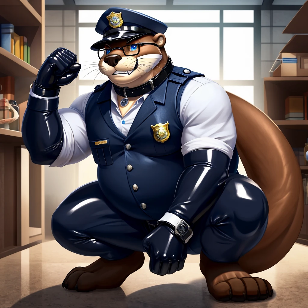 Solo, Male, fat, squatting, extremely obese, Otter, blue eyes, (soft shading), 4k, hi res, ((detailed face, detailed)), looking at viewer, evil grin, police station, collared shirt with buttons, hat, male focus, Police Uniform, glasses, monocle, vest with buttons, sleeves rolled up, round eyewear, headwear, vest, Otter is wearing a glossy leather dog collar around the neck, Otter is wearing the leather collar and shirt and vest at the same time, Otter is wearing glossy white rubber gloves on the hands, wearing white rubber gloves on the feet, Otter is wearing glossy white cuffs around the wrists with cufflinks, gloves are rubber in texture, clenching teeth, clenching fists, leather collar is glossy and shiny with a lot of detail, Otter is wearing gloves and cuffs and cufflinks at the same time, leather collar has a round dog-tag, leather collar is thick and detailed.