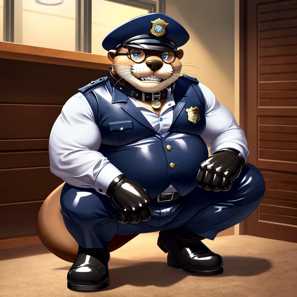 Solo, Male, fat, squatting, extremely obese, Otter, blue eyes, (soft shading), 4k, hi res, ((detailed face, detailed)), looking at viewer, evil grin, police station, collared shirt with buttons, hat, male focus, Police Uniform, glasses, monocle, vest with buttons, sleeves rolled up, round eyewear, headwear, vest, Otter is wearing a glossy leather dog collar around the neck, Otter is wearing the leather collar and shirt and vest at the same time, Otter is wearing glossy white rubber gloves on the hands, wearing white rubber gloves on the feet, Otter is wearing glossy white cuffs around the wrists with cufflinks, gloves are rubber in texture, clenching teeth, clenching fists, leather collar is glossy and shiny with a lot of detail, Otter is wearing gloves and cuffs and cufflinks at the same time, leather collar has a round dog-tag, leather collar is thick and detailed.