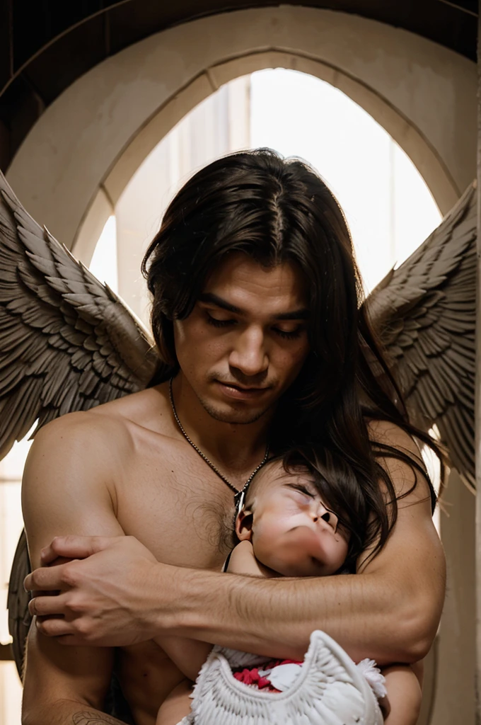 A male demon with angel wings was hugging a human affectionately.