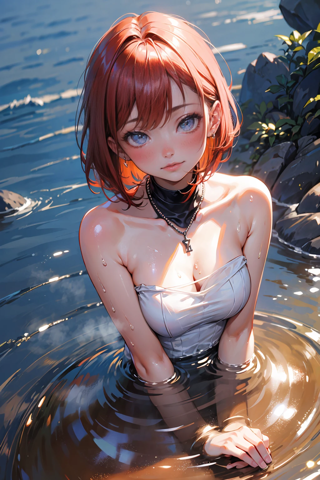 Hot spring resorts in Japan,(Hot water smoke to prevent visibility,Steaming steam,water vapour:1.3),(Rock bath open-air bath:1.3),(Take a deep shoulder soak in the open-air bath:1,3),Blushing cheeks、shyly smile、(beautiful a girl)、(short hair of red-brown color、hair pin、poneyTail、Floating hair、)Colossal tits、Blush with embarrassment、Enraptured eyes、A smile that beguiles the viewer、Look into the photographer、skin glistening with sweat、gazing at viewer、Upper body naked、,48 years old Shirtless、a necklace、piercings、pointed red mouth,Perfect round face,,Proper body proportion,Intricate details,Very delicate and beautiful hair,photos realistic,Dreamy,Professional Lighting,realistic shadow,Solo Focus,Beautiful hands,Beautiful fingers,Detailed finger features,detailed clothes features,Detailed hair features,detailed facial features,(masutepiece,top-quality,Ultra-high resolution output image,) ,(The 8k quality,),(Image Mode Ultra HD,)