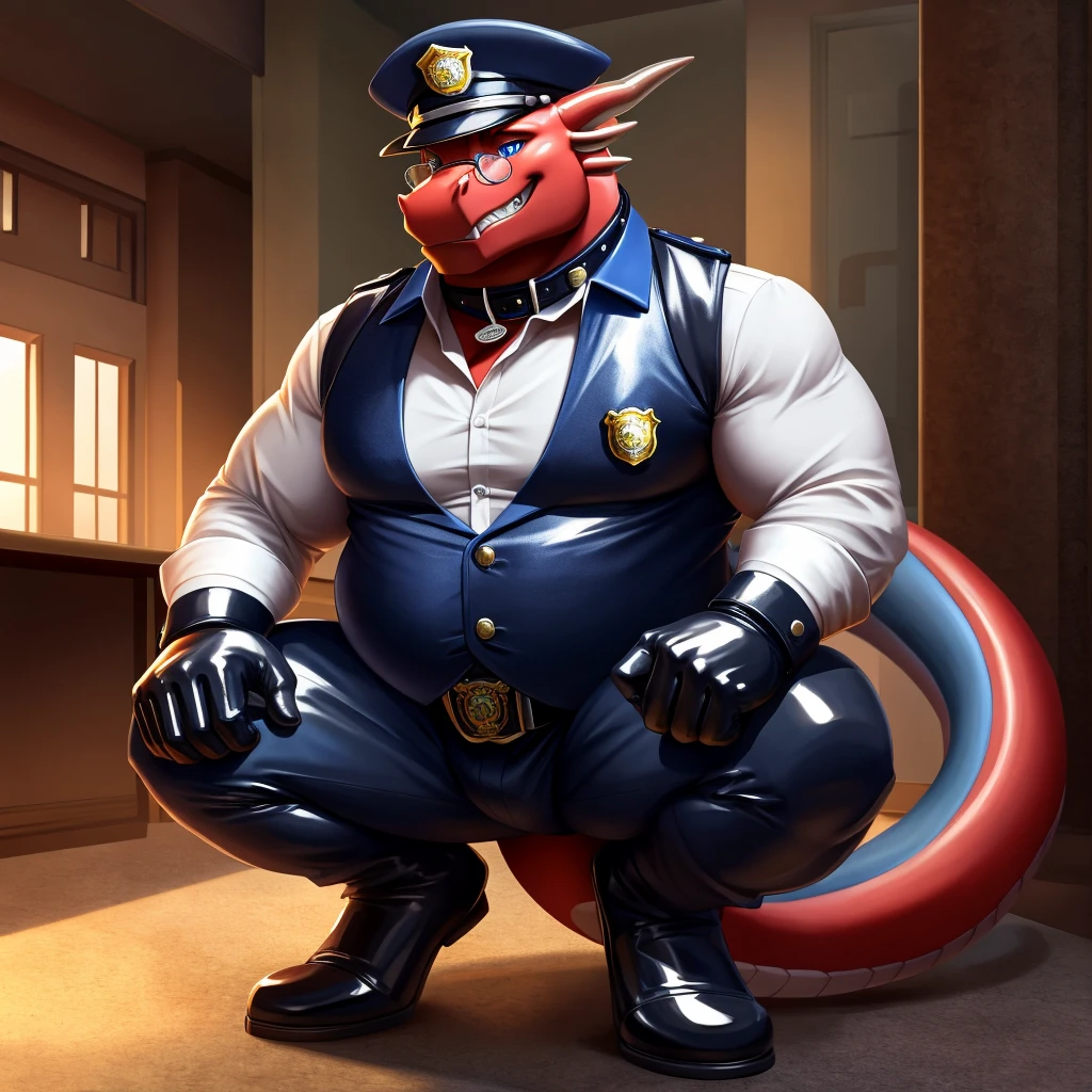 Solo, Male, fat, squatting, extremely obese, gentleman, dapper Dragon, blue eyes, (soft shading), 4k, hi res, ((detailed face, detailed)), looking at viewer, evil grin, police station, collared shirt with buttons, hat, male focus, Police Uniform, glasses, monocle, vest with buttons, sleeves rolled up, round eyewear, headwear, vest, Dragon is wearing a glossy leather dog collar around the neck, Dragon is wearing the leather collar and shirt and vest at the same time, Dragon is wearing glossy white rubber gloves on the hands, wearing white rubber gloves on the feet, Dragon is wearing glossy white cuffs around the wrists with cufflinks, gloves are rubber in texture, clenching teeth, clenching fists, leather collar is glossy and shiny with a lot of detail, Dragon is wearing gloves and cuffs and cufflinks at the same time, leather collar has a round dog-tag, leather collar is thick and detailed.