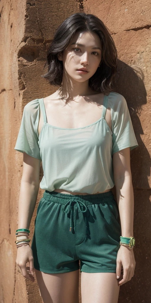 Bright shot: 1.3), epic realistic, yellow eyes, girl raider, (one girl), light gray non-transparent short sleeve top, transparent fabric at the waist, wavy hair 1.4, (dark blue hair), short hair, dark blue and orange color scheme, (light green shorts), aesthetics of wasteland and canyons!!! n ruins, soft cinematic light, Adobe Lightroom, darkroom, HDR, intricacy, green bracelets on the arms, straps from red thrings over transparent fabric at the waist, thong under shorts
