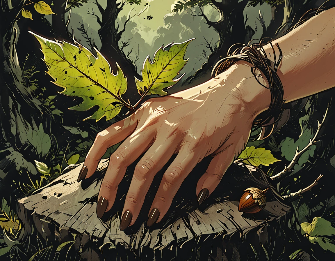 girl hand with perfect skin, old dead doom, branch with one green leaf and one acorn close-up, graphic style of novel comics,dark novel style, comic, 2d, 8k, hyperrealism, masterpiece, high resolution, best quality, ultra-detailed, super realistic, Hyperrealistic art, high-quality, ultra high res, highest detailed, lot of details, Extremely high-resolution details, incredibly lifelike, colourful, soft cinematic light,