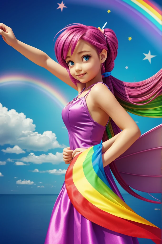 Cartoon fairy with tied hair with rainbow background