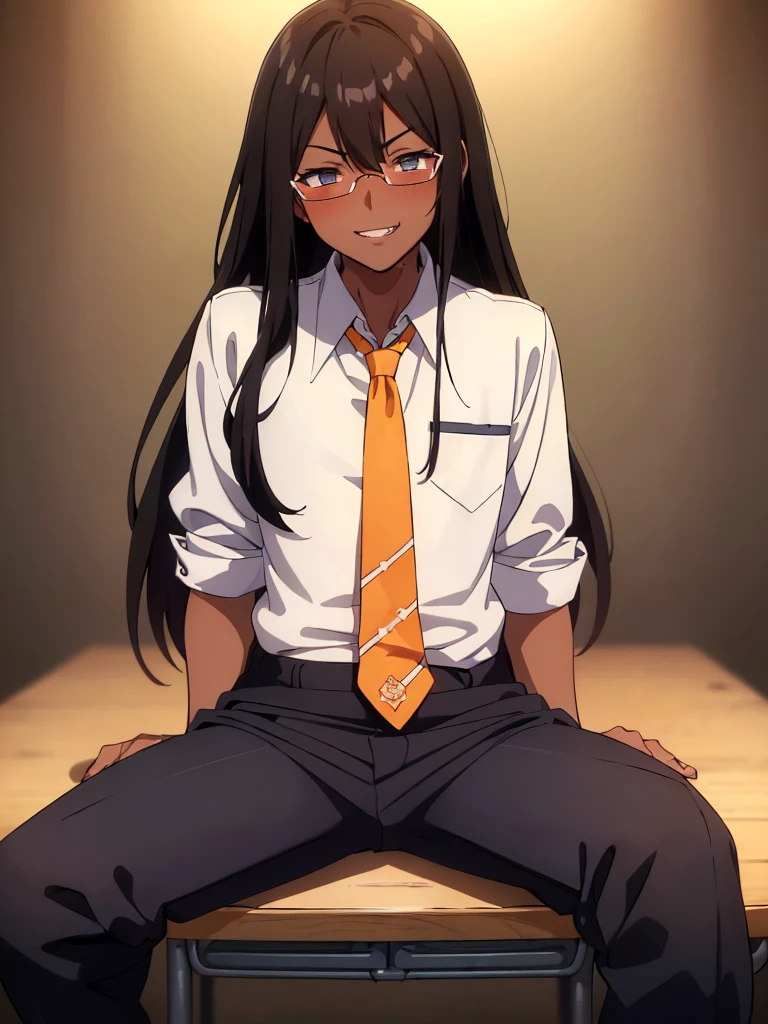 (1 feminine boy solo),(dark skin:1.5),(masterpiece:1.2), highest quality, High resolution, unity 8k wallpaper, (fine and beautiful eyes:1.6), highly detailed face, perfect lighting, Detailed CG, (perfect hands, perfect anatomy),20 years old, (black hair:1.3), detailed eyes, best quality, extremely detailed, very precise detailed, (glasses:1.4), , (hime_cut:1.5), (evil smile:1.4) ,long sidelocks, (blush:1.3),(sit on desk:1.3),(Put left knee in front:1.5),(boy's school uniform long pant:1.5),(loosen necktie:1.2),spread legs,bend knee,(open shirt:1.3),