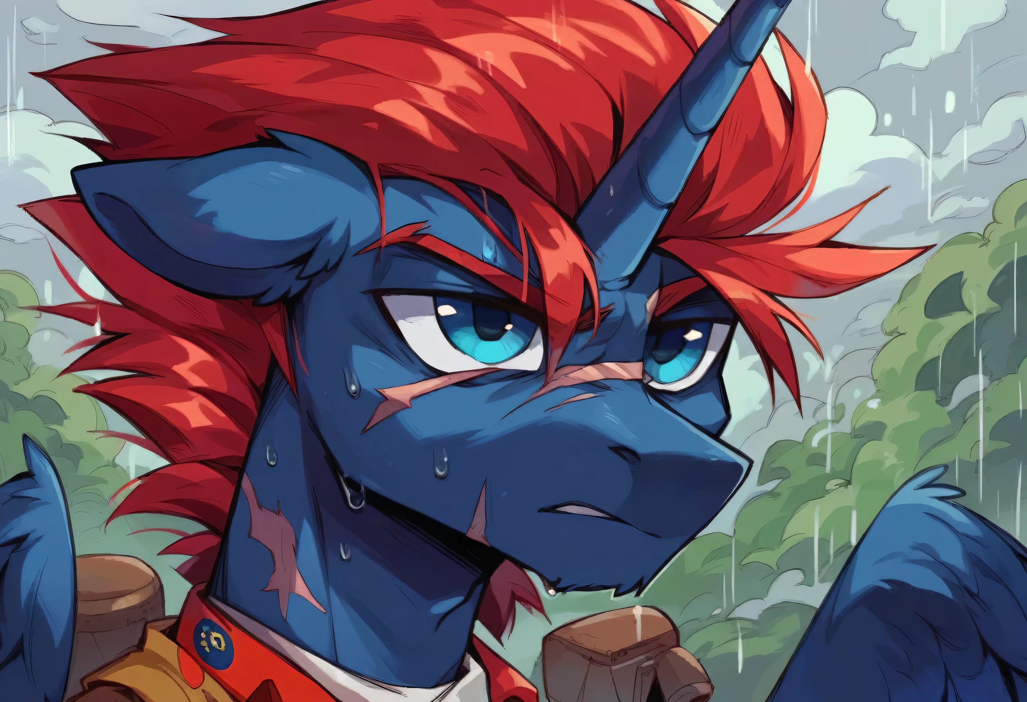 Male alicorn pony, black fur, long red hair, deep blue eyes, red feathers on wings, scar over left eye, red striping, vietnam-era helicopter pilot uniform, boonie hat, in a swamp, explosion in background, raining, wet hair, thousand-yard stare, close-up portrait