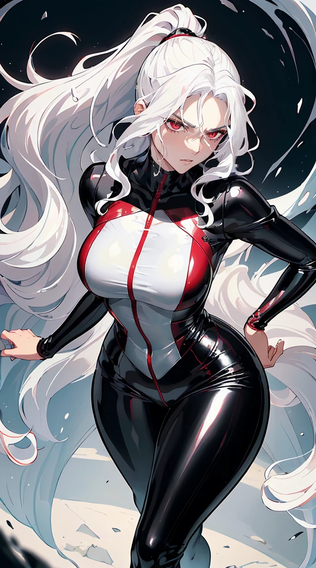 handsome older WOMAN，crimson-eyes，crimson pupils，Long white hair，Hyperresolution，accuracy，Detailed rendering，（Subtle facial image）（Image of fine hair）（topquality）（Masterpieces of masters）（High degree of completeness）（A sense of atmosphere）tmasterpiece，Super detailed and super detailed（portrait), long wavy white hair, (((tHICK WAVY HAIR)))(((ANKLE LENGTH HAIR))) (((Sakimichan))) (((white hair))) (((Latex black fight outfit))) (((Hair in ponytail))) (((skinny))) (((Latex black fight suit)))(((Stoic expression)))