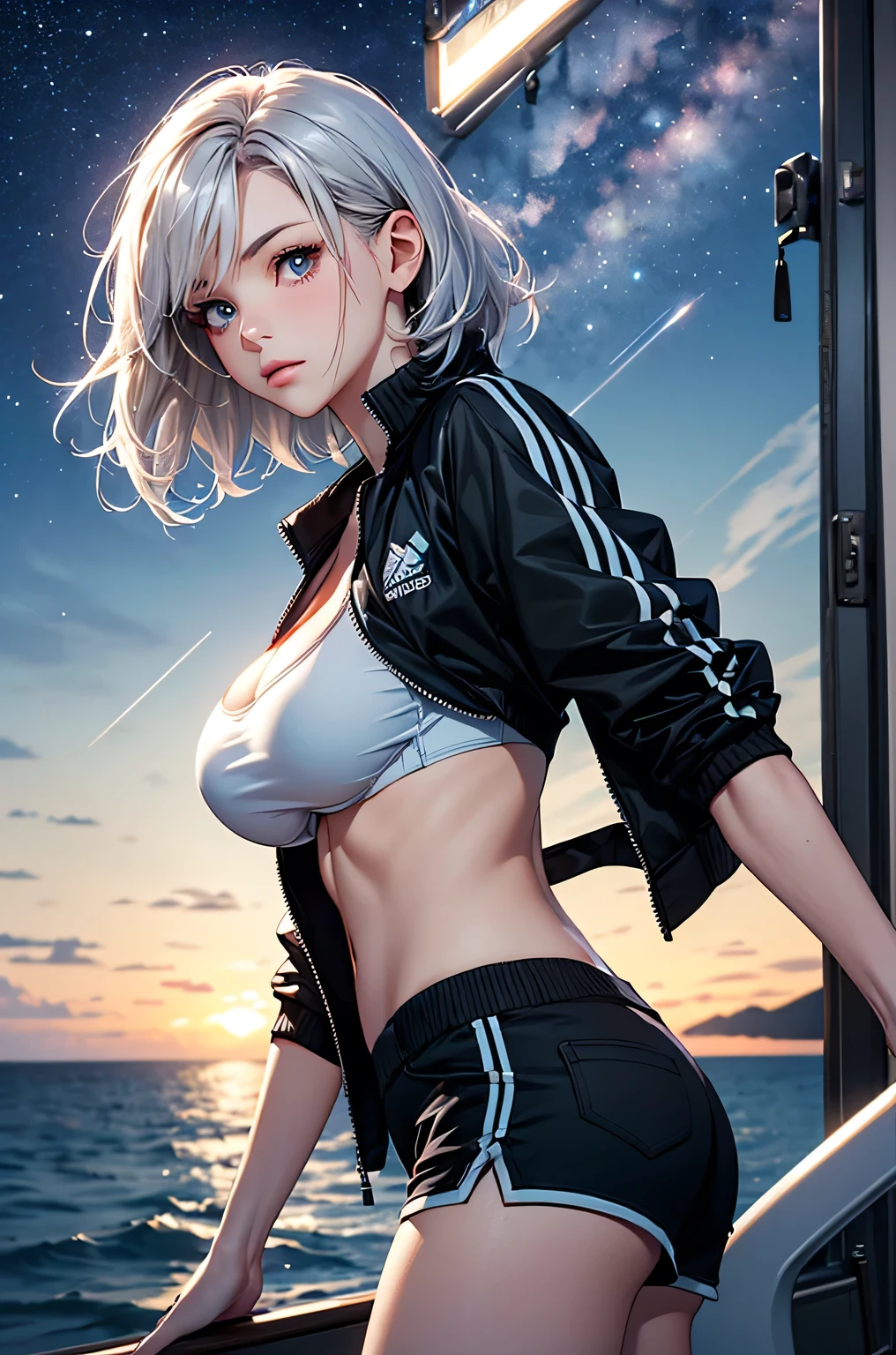 (masterpiece:1.5, Highest quality, Very detailed、 Dutch Angle、Realistic、2.5D、Realistic)(One Girl, Sports Girl)(Silver Hair:1.6,,short hair)(Sports Bra、Jacket:1.5、Shorts、肩にJacketをかける)、((medium breasts, Beautiful cleavage,underboob))(from backside),(Beautiful starry sky、Mystical Night、Particles of light float around the woman、Fantastic space、Ocean、On the boat)