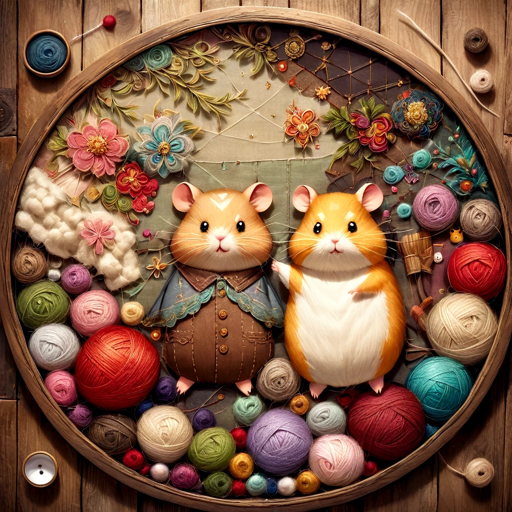 handicraft artwork,patchwork,Wool felt,cloth,yarn,button,felt fabric,Embroidery thread,Handicrafts with a warm and gentle atmosphere,hamster bard,A dream-like sight,rustic colors,intricate details,artwork,Three-dimensional
