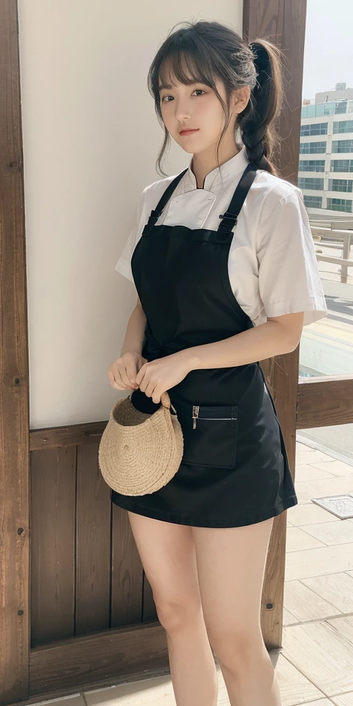 1girl,legs,a girl at building,(((building))), braided bangs,braided ponytail,(solo:1.2),apron,thick thighs,side-tie panties, balck hair, 16yo,looking at viewer, sunlight,hanfu,