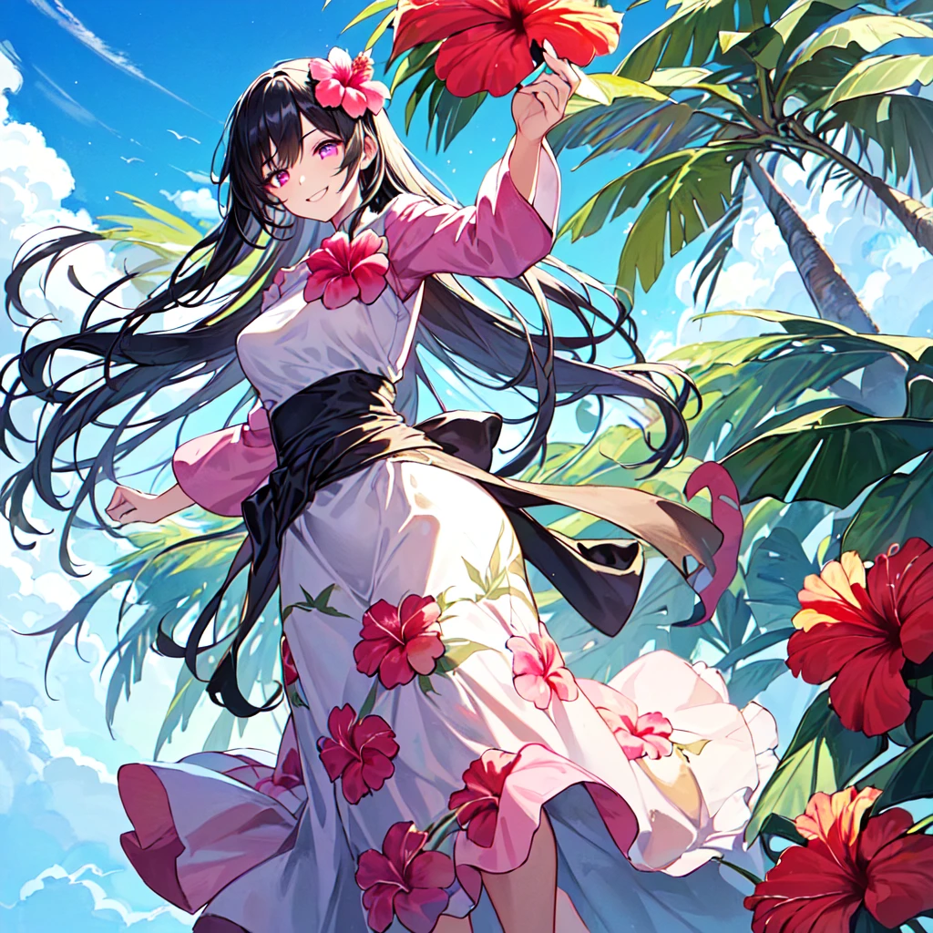 masterpiece, best quality, high quality, extremely detailed, very delicate and beautiful, (1 female 18 years old solo:1.5), (long black hair up to waist with two side up:1.5), bangs to eyebrows, eyes (eyes sharp and strong with glossy glossy eyes, eyebrows glossy, (eye color magenta:1.3), 6.5 head height, (long dress with hibiscus print:1.3), (standing), (smiling), (dynamic pose), (background tropical and hibiscus:1.3), (blue sky:1.3)